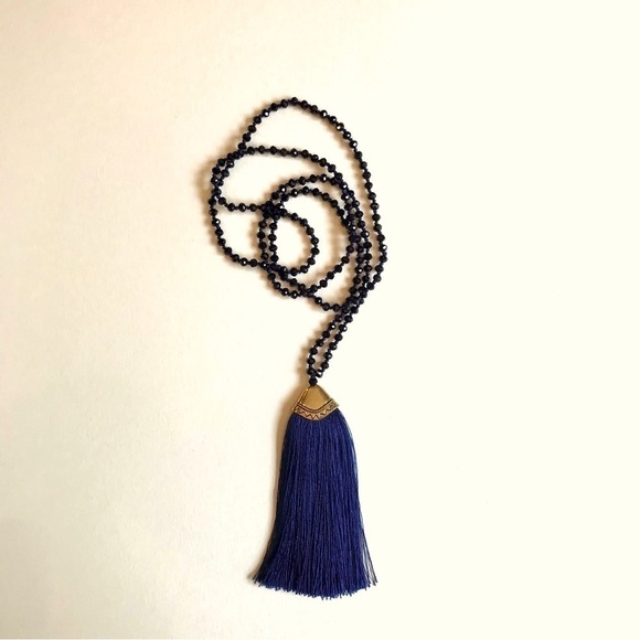 Hand Knotted Tassel Necklace in Black, Blue & Brass, 34”, Great Condition - Picture 3 of 10